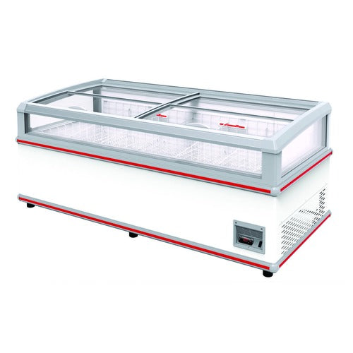 Excellence Industries SM-6 74 In. Island Ice Cream Display Freezer, Four Sliding Glass Doors, Glass Sides, Eight Baskets Included