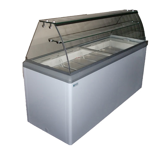 Excellence Industries HBG-7HC 44 In. Curved Glass Gelato Dipping Cabinet, 7 Pan Display, Mezzanine Shelf, LED Lighting