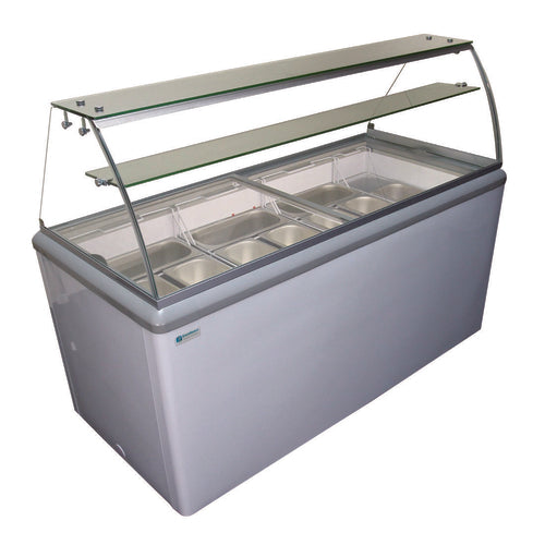 Excellence Industries HBG-10HC 60 In. Curved Glass Gelato Dipping Cabinet, 10 Pan Display, Mezzanine Shelf, LED Lighting