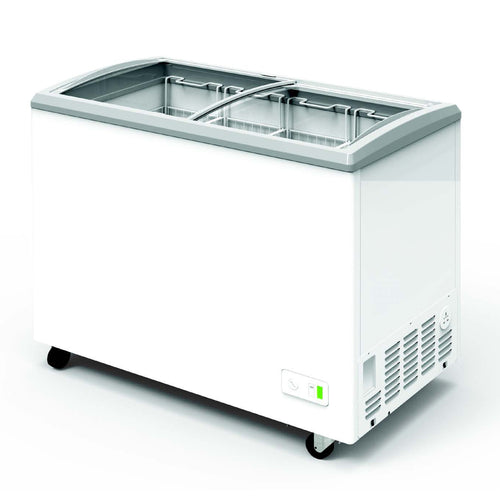 Excellence Industries VBN-4D 39 In. Narrow Dual Temp Chest Merchandiser, Curved Glass Sliding Lids, -5°F to +40°F Range