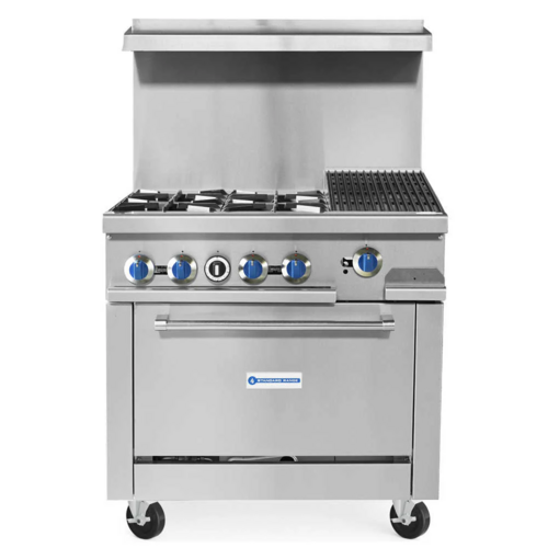 Standard Range SR-R36-12CB-NG 36" Natural Gas Commercial Range with 12" Char-Broiler Top, 4 Burners, 1 Oven, 188,000 BTU