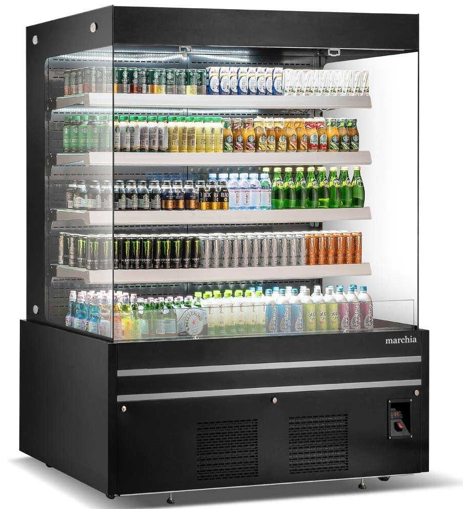 Marchia MDS72G 72" Black Open Air Grab and Go Cooler with Glass Sides, 4 Adjustable LED Shelves, 220V