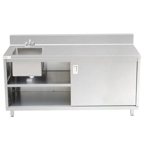 Prepline PCST-2472 24"D x 72"L Stainless Steel Enclosed Base Work Table with Sink, Sliding Doors, and 6" Backsplash, Knock-Down