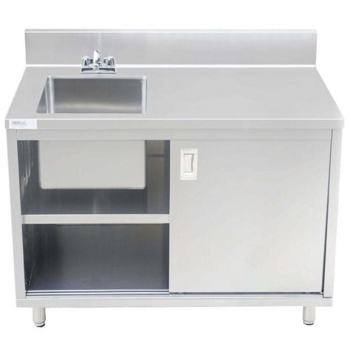 Prepline PCST-3048 30"D x 48"L Stainless Steel Enclosed Base Work Table with Sink, Sliding Doors, and 6" Backsplash, Knock-Down