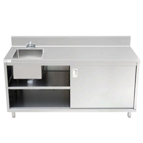 Prepline PCST-3072 30"D x 72"L Stainless Steel Enclosed Base Work Table with Sink, Sliding Doors, and 6" Backsplash, Knock-Down