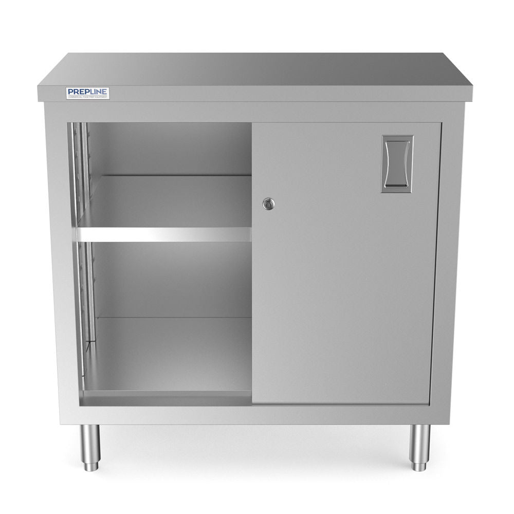 Prepline PC-1836 18"D x 36"L Stainless Steel Enclosed Base Work Table with Sliding Doors and Adjustable Shelf