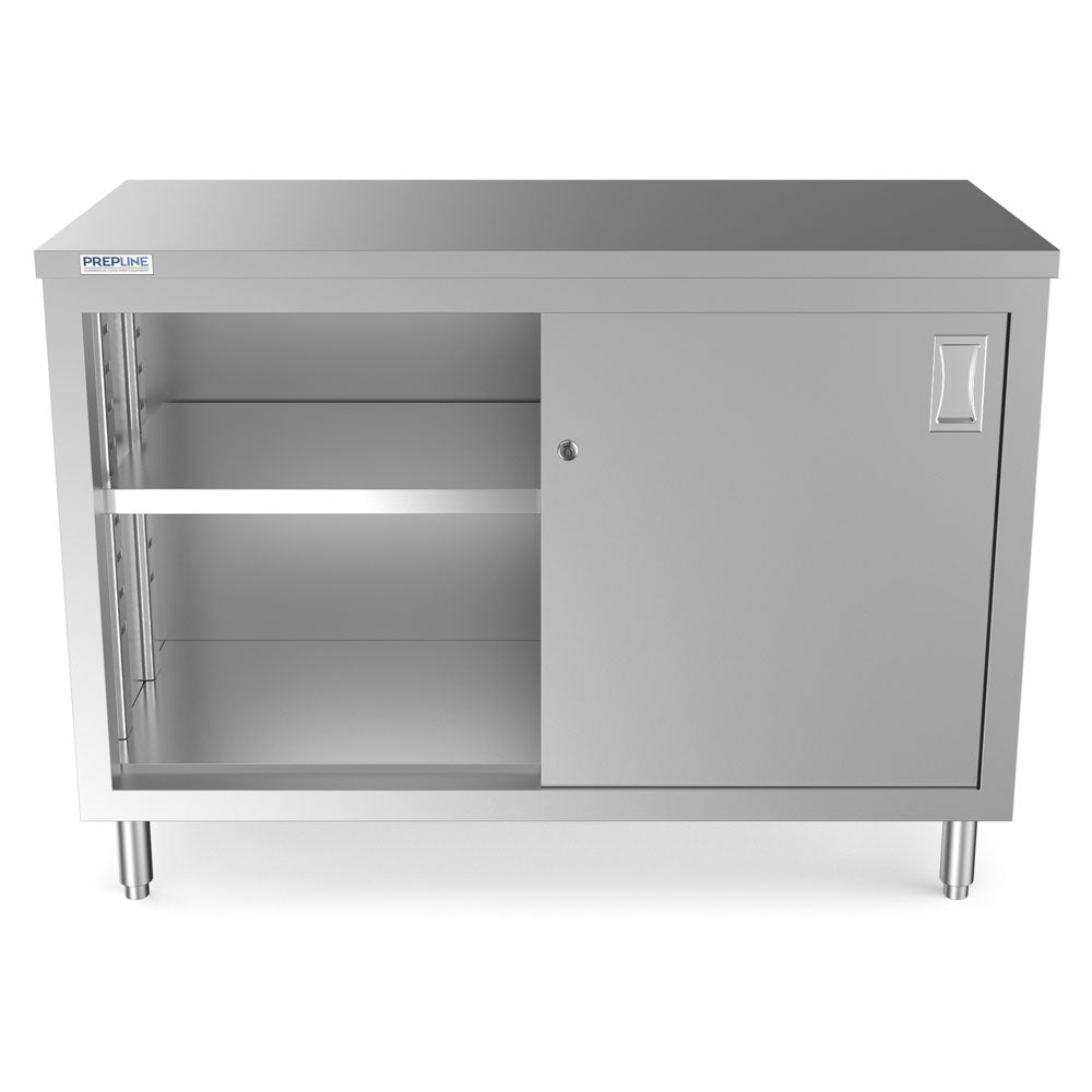Prepline PC-2472 24"D x 72"L Stainless Steel Enclosed Base Work Table with Sliding Doors and Adjustable Shelf