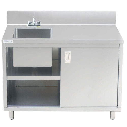 Prepline PCST-2448 48"L x 24"D Stainless Steel Enclosed Base Work Table with Sink, Faucet, and Sliding Doors