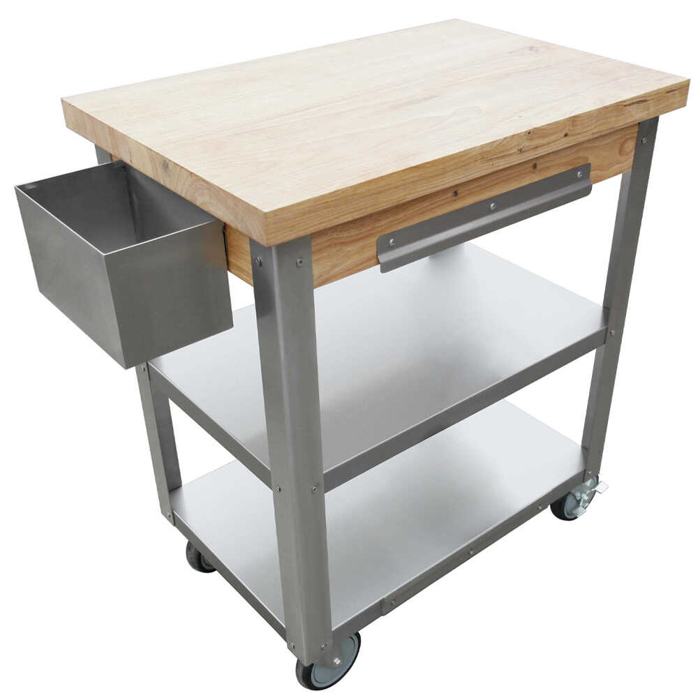 Prepline PWTC-2030 20" x 30" Stainless Steel Utility Trolley Cart with Rubber Wood Top, Two Undershelves, and Removable Utensil Holder