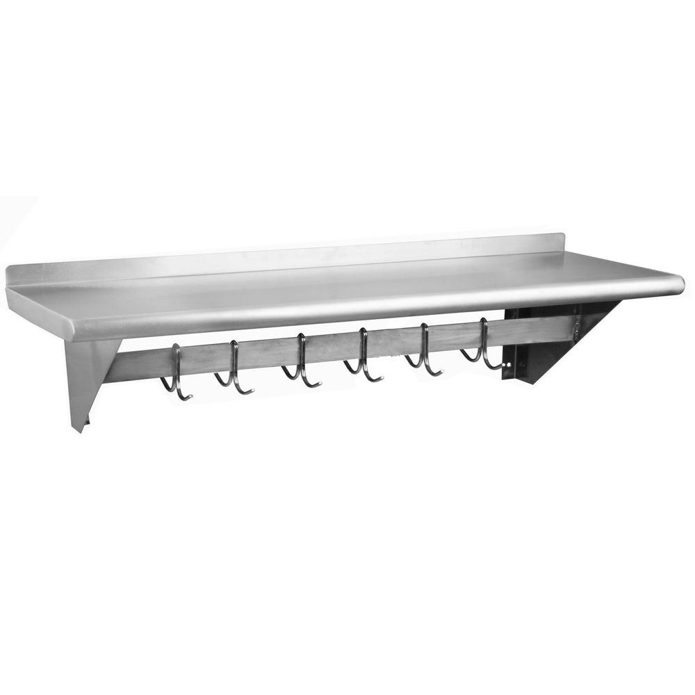 Prepline PWS-1436-PR 14"D x 36"L Stainless Steel Wall Mount Shelf with Pot Rack, 3 Double-Pronged Hooks, 300 lb. Capacity