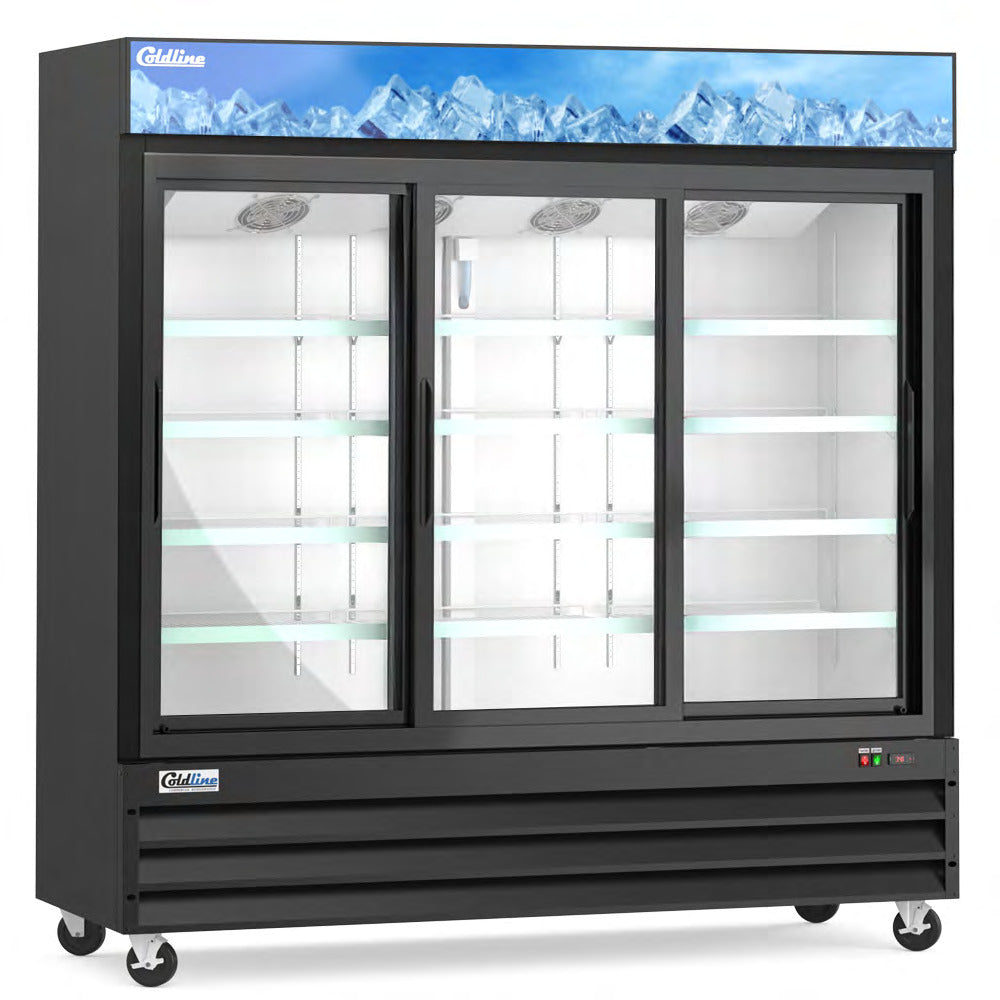 Coldline G80S-B 78" Triple Glass Sliding Door Merchandiser Refrigerator with LED Lighting, 58.3 Cu. Ft., Black