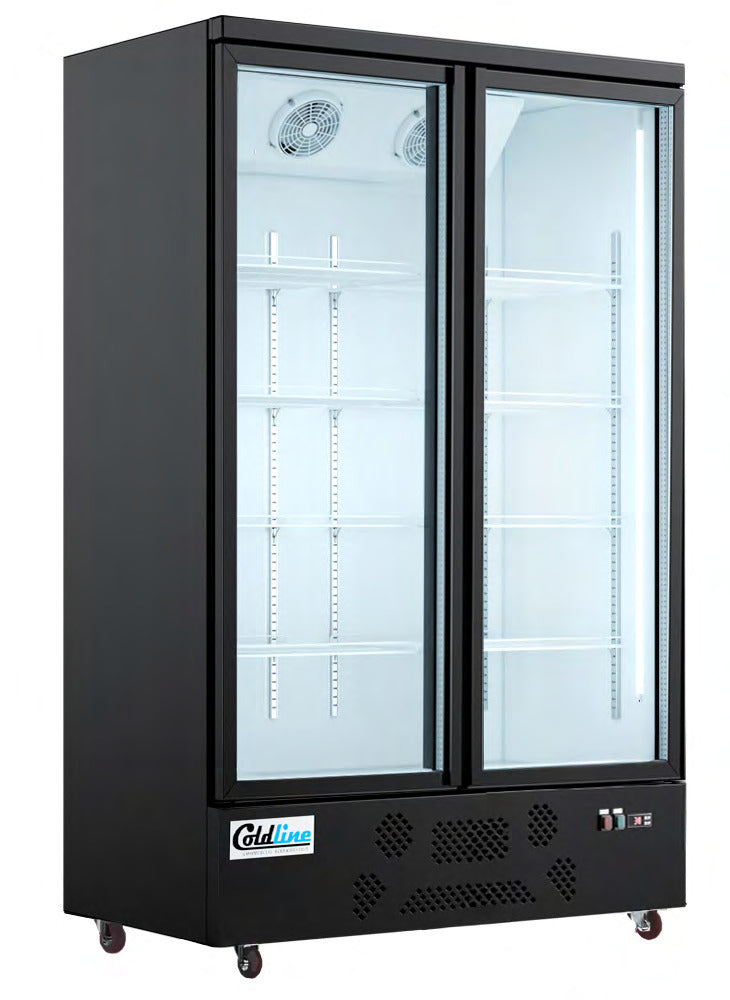 Coldline D2-B 49" Double Glass Swing Door Merchandiser Freezer with LED Lighting, 32 Cu. Ft., Black
