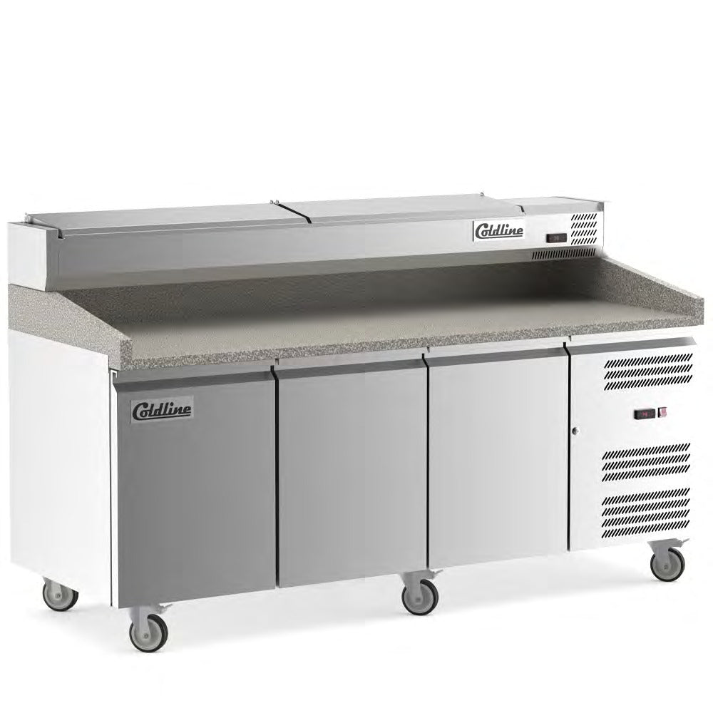 Coldline PDR-80N-SS 80 In. Three Door Refrigerated Pizza Prep Table with Marble Top and Refrigerated Stainless Steel Topping Rail