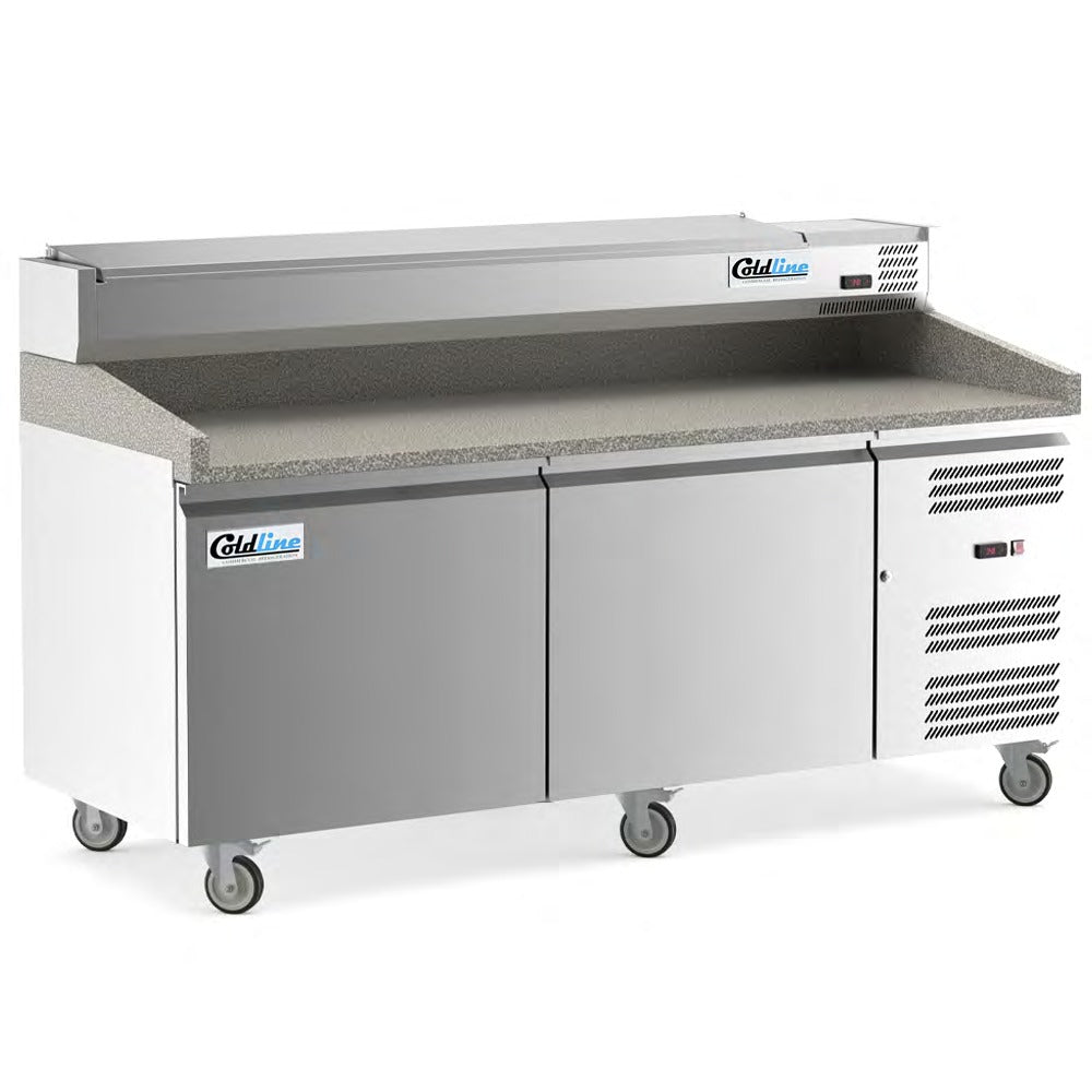 Coldline PDR-80W-SS 80 In. Two Door Refrigerated Pizza Prep Table with Marble Top and Refrigerated Stainless Steel Topping Rail