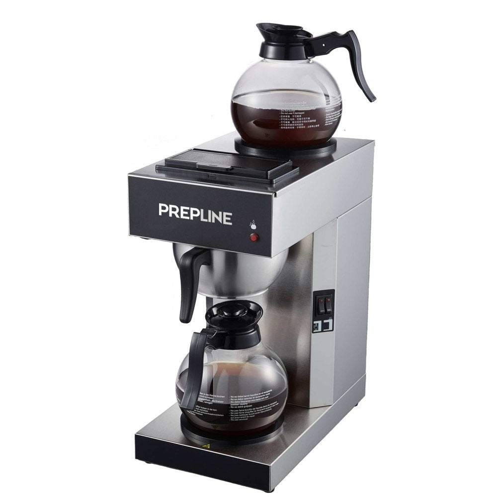 Prepline CAFE-2P-1 3.5 Gallon Per Hour Pourover Coffee Maker with 2 Glass Decanters and Top and Bottom Warmers, Stainless Steel