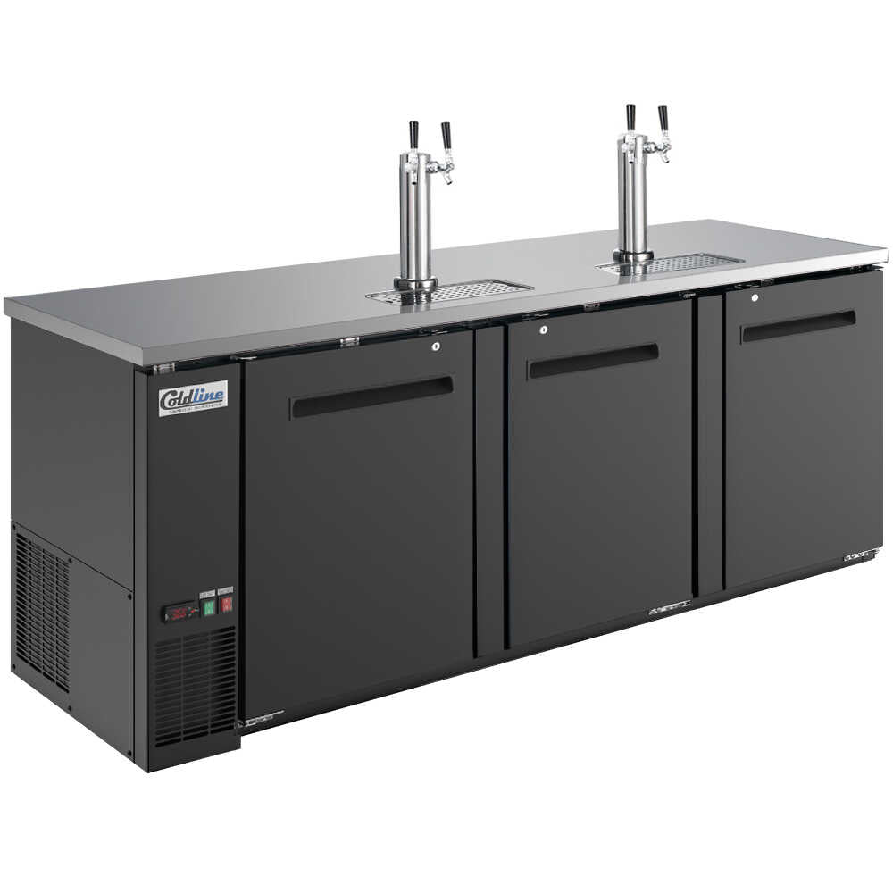 Coldline CDD-4 90" Black 4 Tap Refrigerated Direct Draw Beer Dispenser, 4 Half Keg Capacity, 32.4 Cu. Ft.