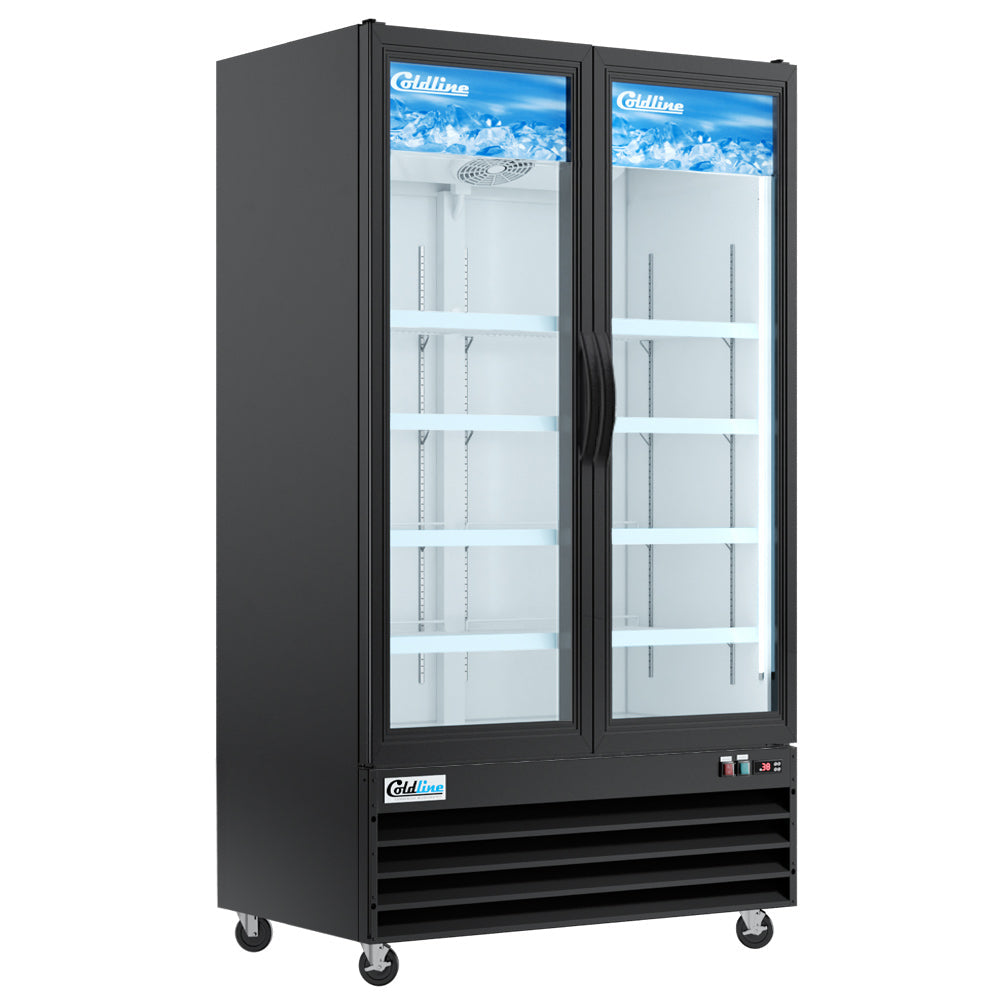 Coldline CLM-54R 54" Double Glass Swing Door Full Length Merchandiser Refrigerator with LED Lighting, 36 Cu. Ft., Black