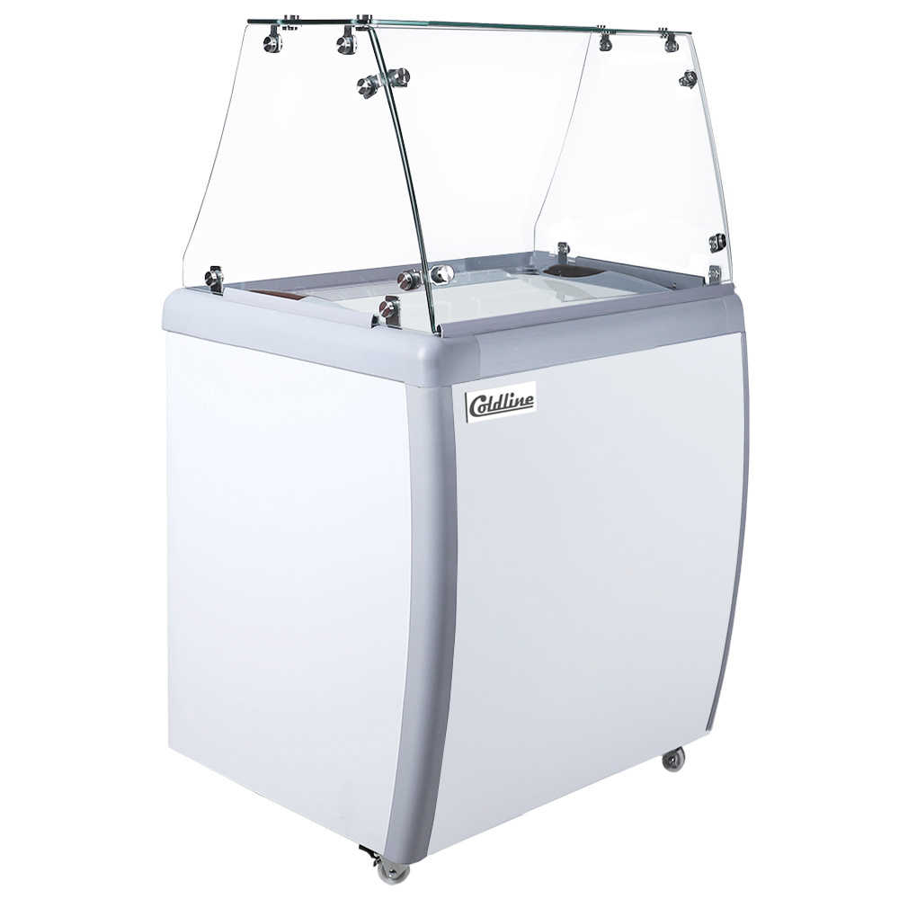 Coldline DP-160-FSG 26" 4-Tub Ice Cream Dipping Cabinet Freezer with Flat Sneeze Guard, 5.5 Cu. Ft.