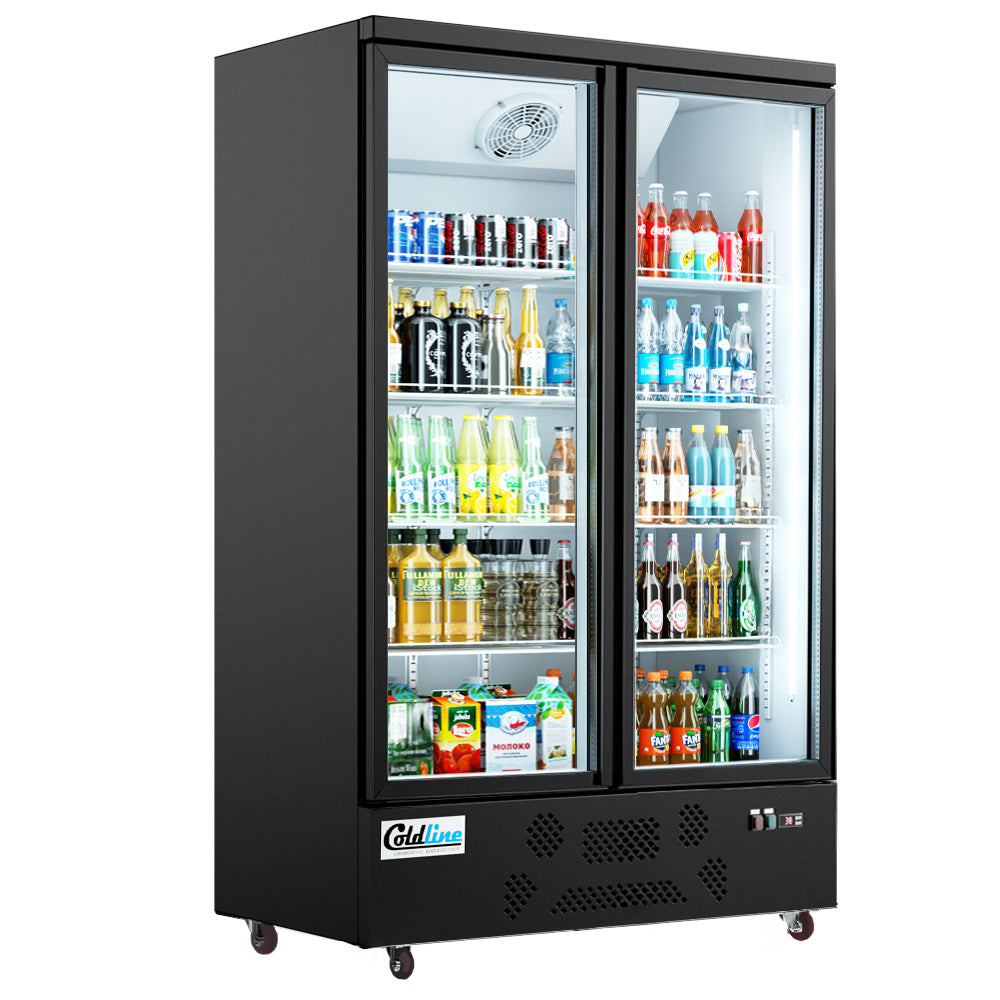 Coldline G2-B 49" Double Glass Swing Door Merchandiser Refrigerator with LED Lighting, 34 Cu. Ft., Black