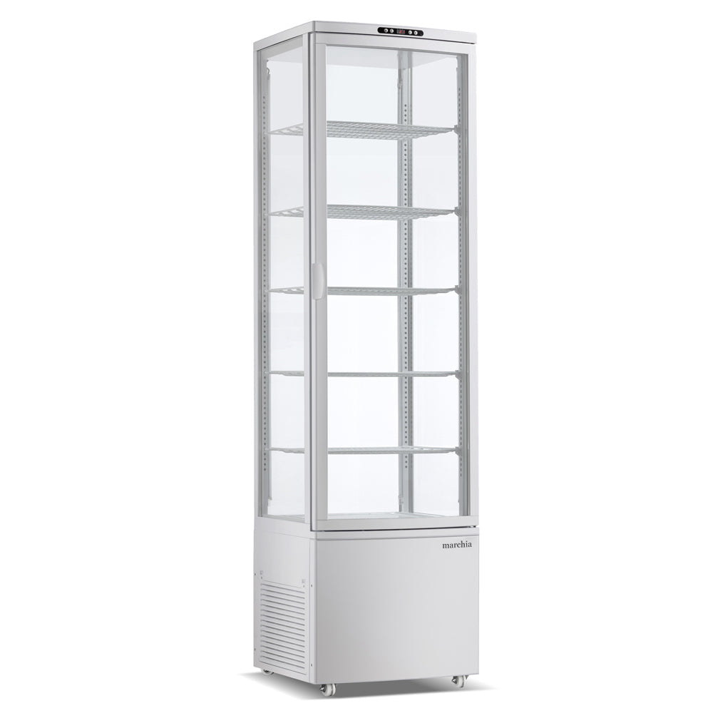 Marchia MVS300 20" Vertical Standing Refrigerated Cake Display Case, 4-Sided Glass, Silver