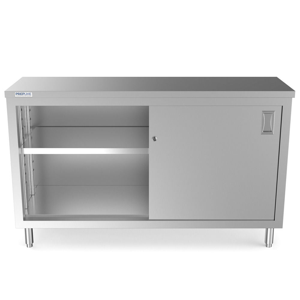 Prepline PC-1860 18"D x 60"L Stainless Steel Enclosed Base Work Table with Sliding Doors and Adjustable Shelf