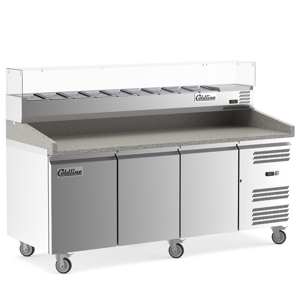Coldline PDR-80N-SG 80 In. Three Door Refrigerated Pizza Prep Table with Marble Top and Refrigerated Glass Topping Rail