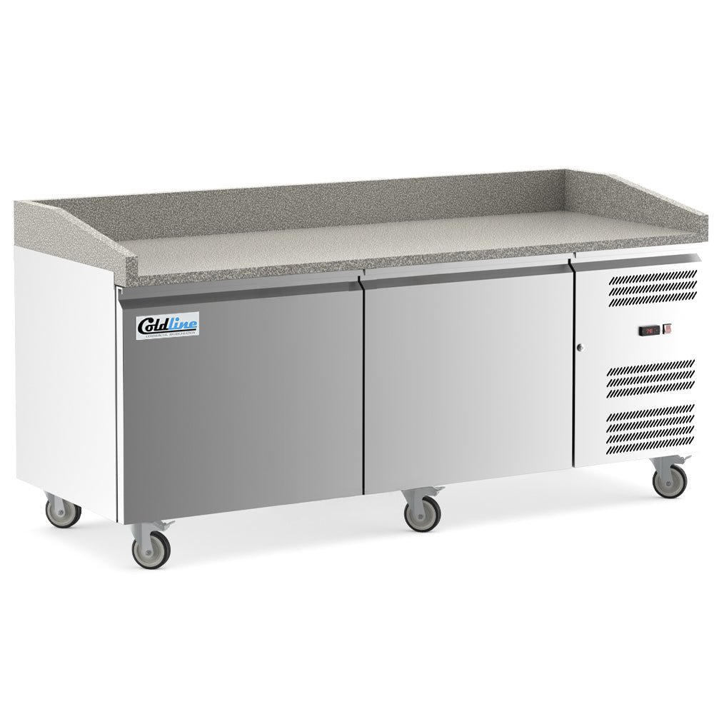 Coldline PDR-80W 80 In. Two Door Refrigerated Pizza Prep Table with Marble Top, Full Size Sheet Pan Capacity, 21 Cu. Ft.