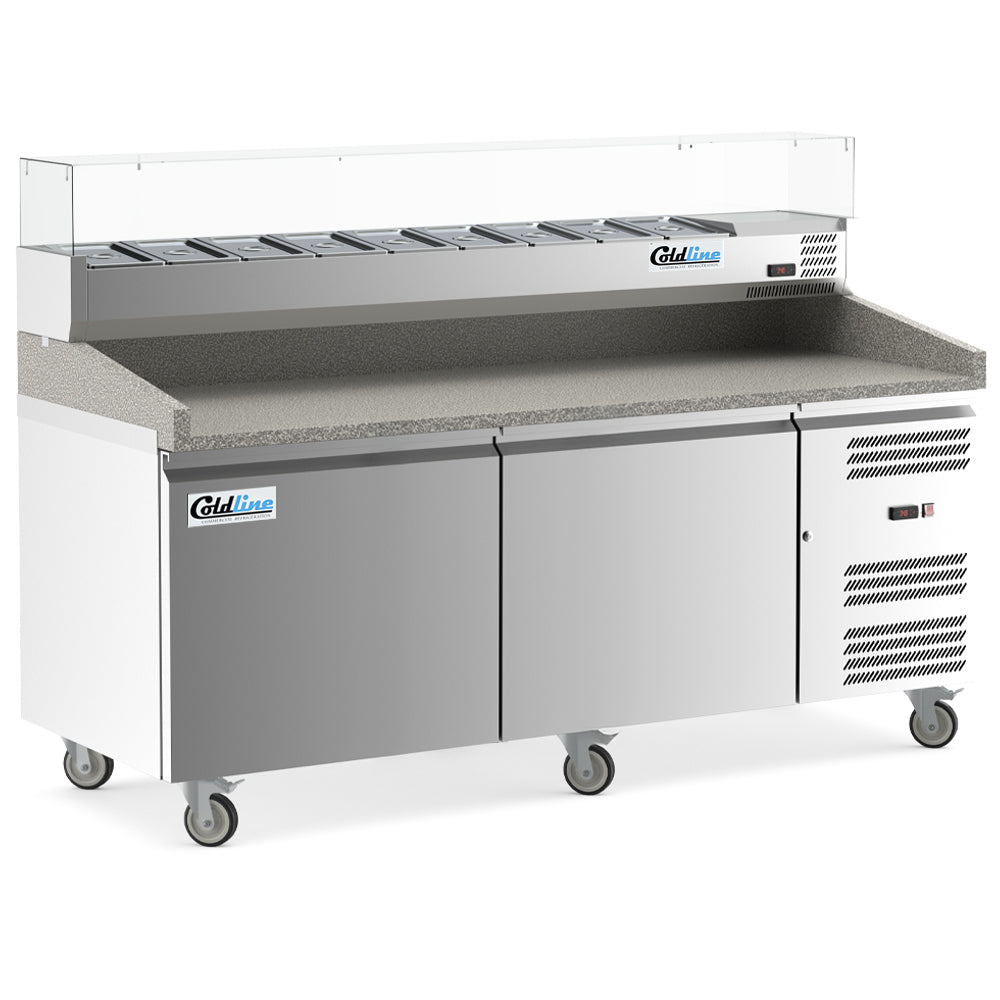 Coldline PDR-80W-SG 80 In. Two Door Refrigerated Pizza Prep Table with Marble Top and Refrigerated Glass Topping Rail