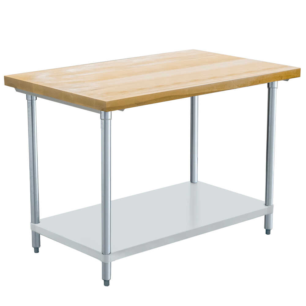 Prepline PWTG-3048-R 30" x 48" x 34"H Hevea Hardwood Top Worktable with Galvanized Undershelf