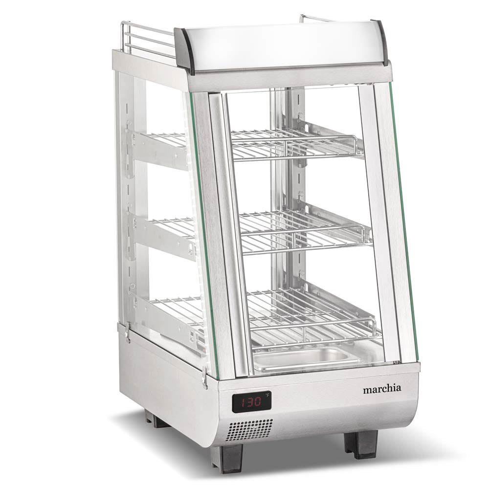 Marchia SHCC76 14" Stainless Steel Heated Countertop Display Case, Front and Rear Doors, 3 Adjustable Shelves
