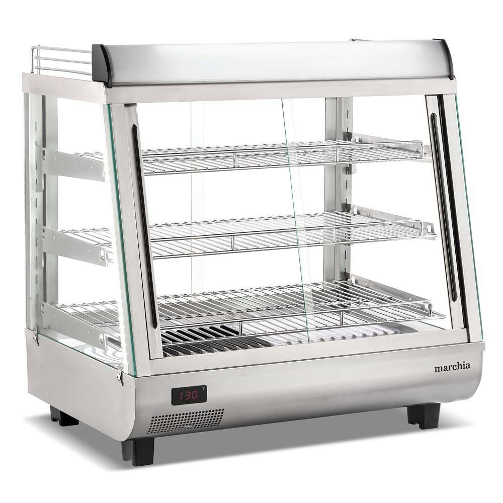 Marchia SHCC96 27" Stainless Steel Heated Countertop Display Case, Front and Rear Sliding Doors, 3 Adjustable Shelves