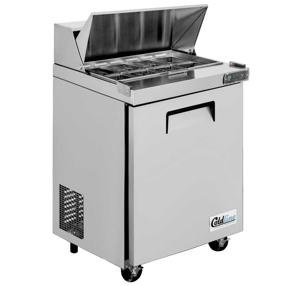 Coldline SPN-29 29 In. Narrow Depth Refrigerated Sandwich Prep Table with Cutting Board and 8 Sixth Size Food Pans, 24 In. Deep