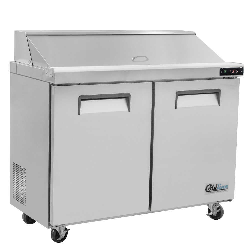 Coldline SPN-48 48 In. Narrow Depth Refrigerated Sandwich Prep Table with Cutting Board and 12 Sixth Size Food Pans, 24 In. Deep