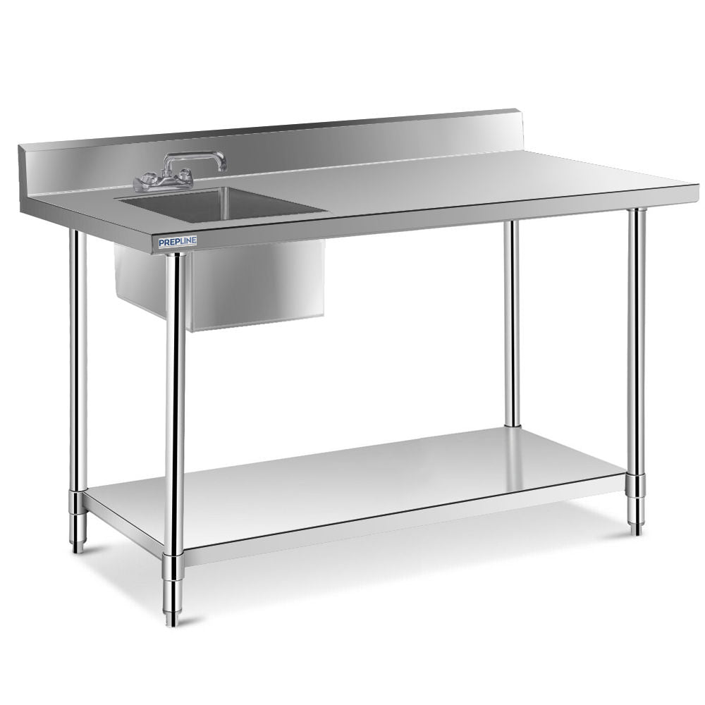 Prepline ST-3060 30" x 60" Stainless Steel Work Table with Sink and Faucet, 16 Gauge 304 Top, 5" Backsplash