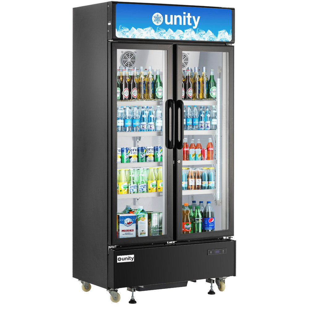 Unity U-40M 39 In. Two Glass Door Merchandiser Refrigerator, 22 Cu. Ft., LED Lighting, Black