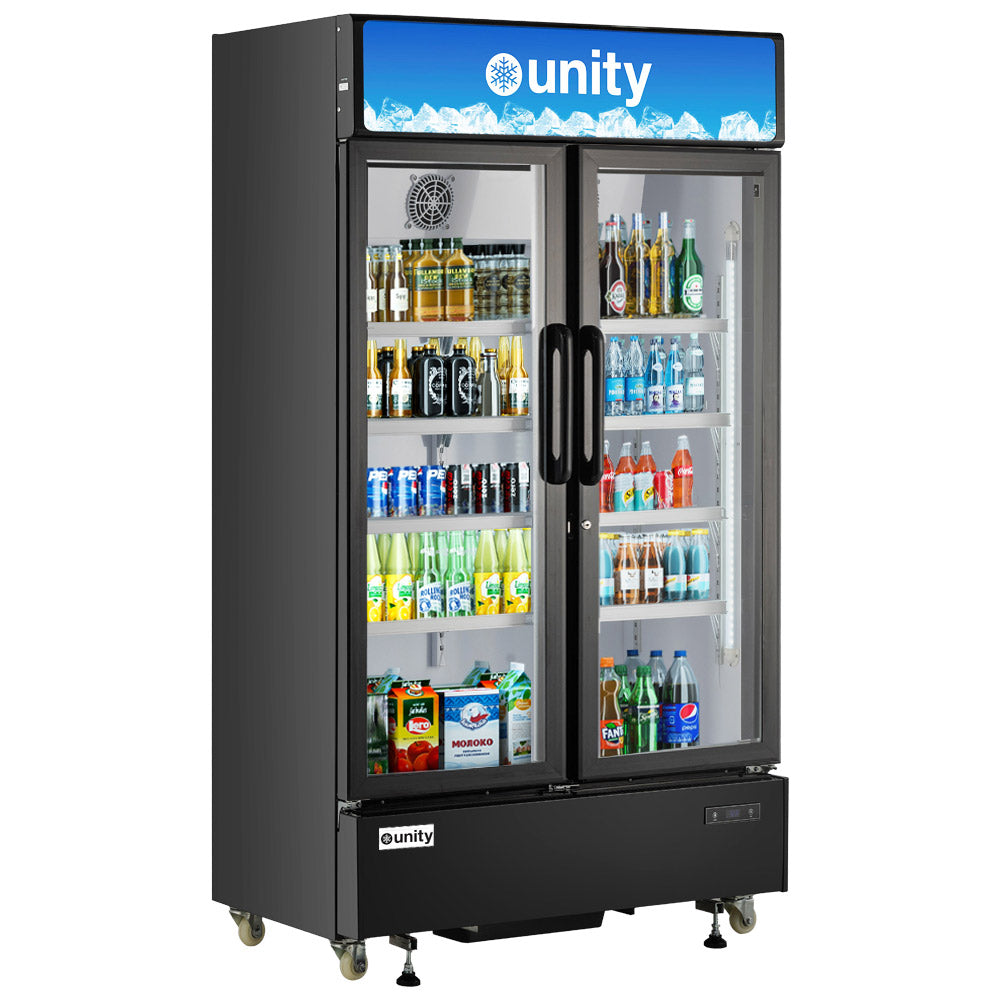 Unity U-48M 47 In. Two Glass Door Merchandiser Refrigerator, 26 Cu. Ft., LED Lighting, Lock and Key