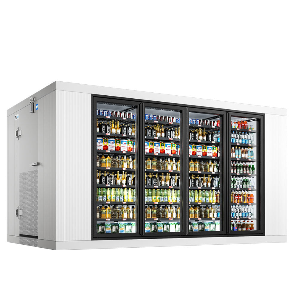 Coldline WCPG-8x14-FL 8' x 14' Four Glass Door Walk-in Merchandiser Cooler Box with Floor, LED Lighting, Wire Shelving