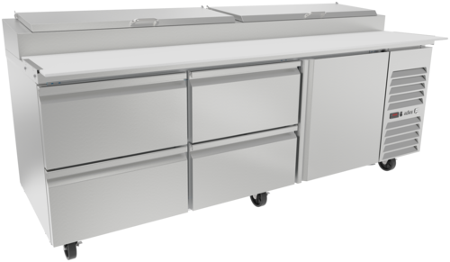 Asber APTP-93-D4 94 In. Pizza Prep Table, 12 Pan, 1 Door And 4 Drawers, 30.2 Cu. Ft., 19 In. Cutting Board
