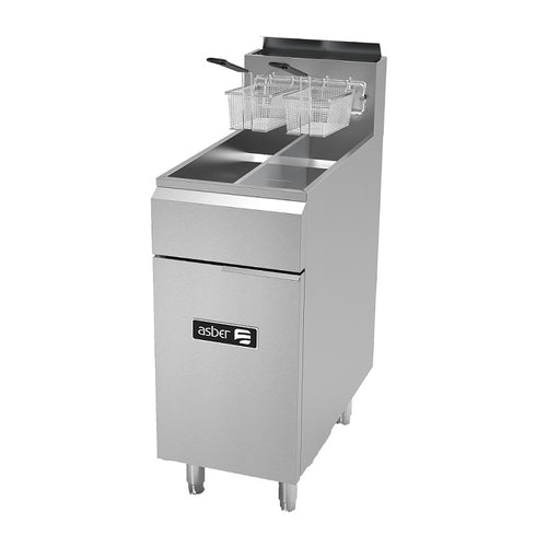 Asber AEF-25-25-S-CAS 16 In. Gas Floor Fryer, Twin 25 Lb. Split Pots Oil Capacity, 152,000 BTU, Casters