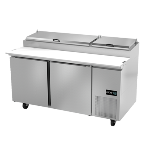Asber APTP-67 68 In. Pizza Prep Table, 9 Pan, 2 Doors, 20.8 Cu. Ft., 19 In. Cutting Board