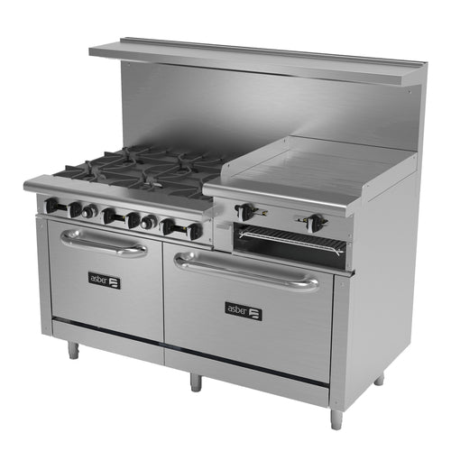 Asber AEMR-2-RG24-B6-60-H 60 In. Restaurant Gas Range, 6 Open Burners Plus A 24 In. Raised Griddle Broiler, 288,000 BTU