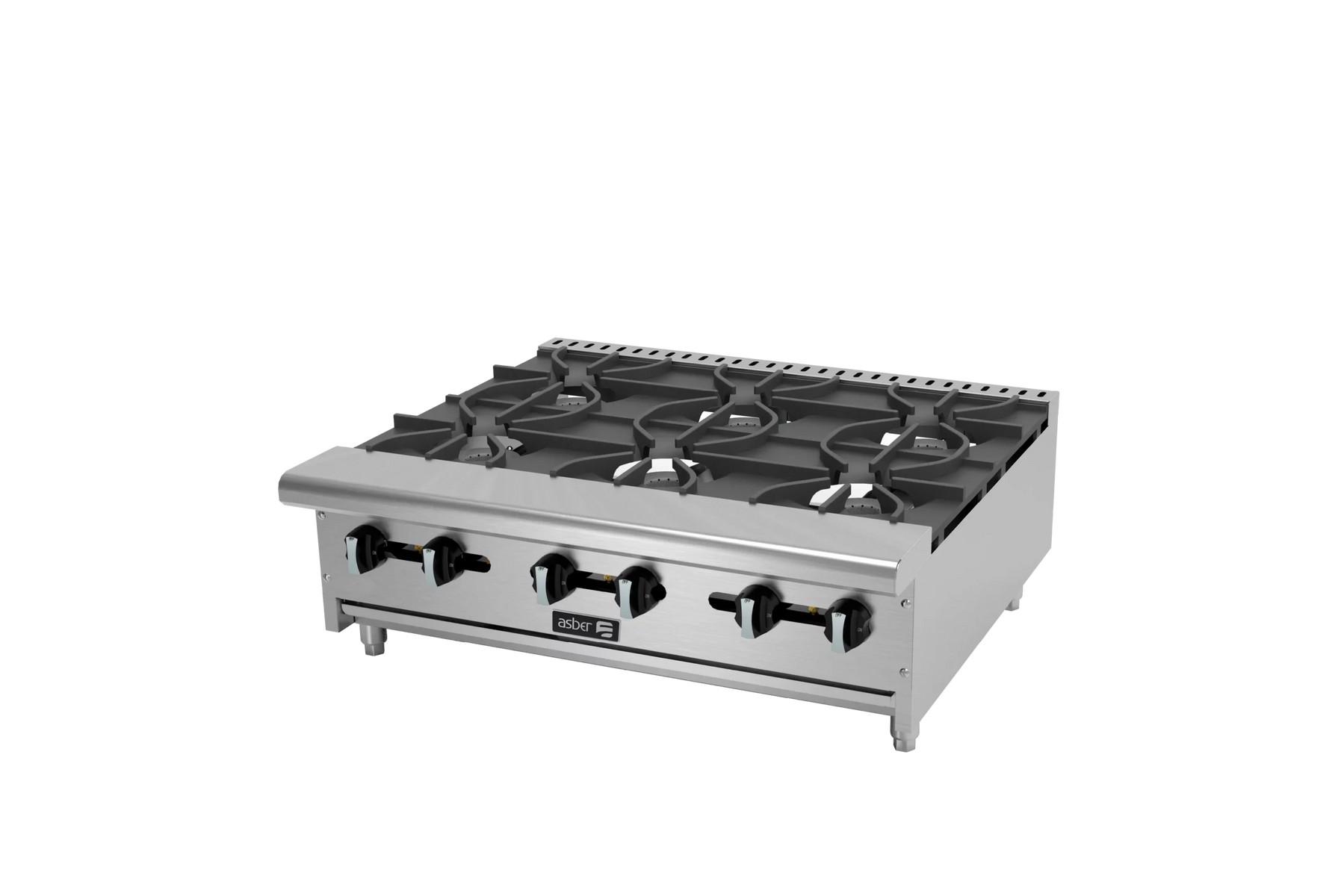 Asber AEHP-6-36-EM 36 In. Emerald Series Countertop Gas Hot Plate, 6 Burners, 180,000 BTU