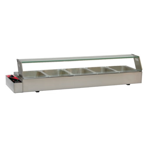 Omcan 48805 57 In. Bain Marie Food Warmer, 5 Half-Size Pans with Clear Lids, Glass Sneeze Guard