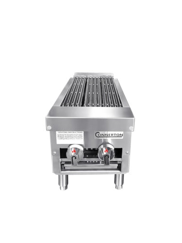 Connerton CRB-12 12 In. Countertop Gas Radiant Charbroiler, 2 Burners, 40,000 BTU, Cast Iron Grates, Welded #304 Stainless