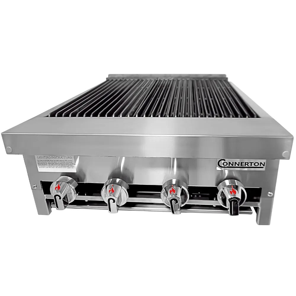 Connerton CRB-24 24 In. Countertop Gas Radiant Charbroiler, 4 Burners, 80,000 BTU, Cast Iron Grates, Welded #304 Stainless