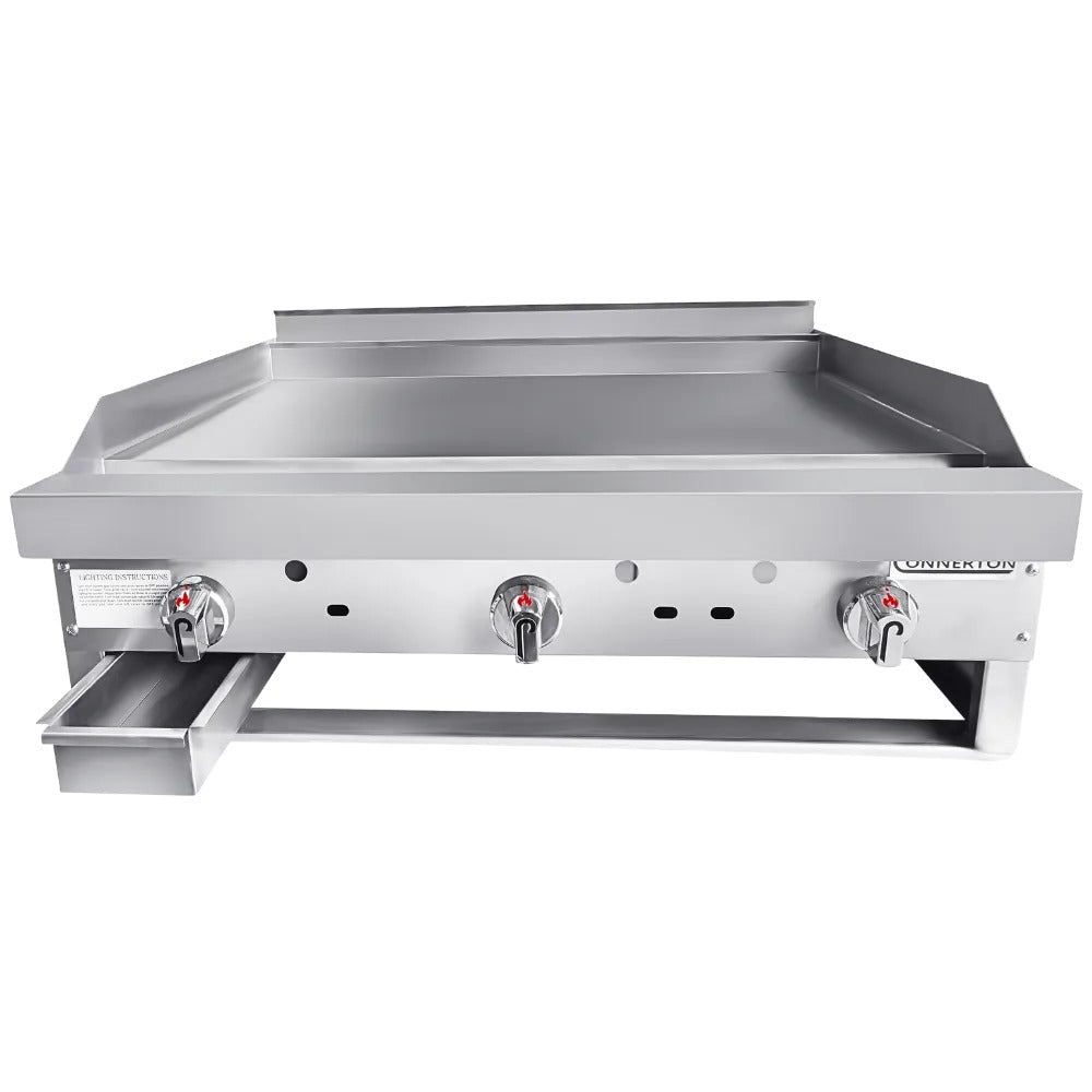 Connerton CG-36-M 36 In. Gas Countertop Manual Griddle, 3 Burners, 90,000 BTU, 1 In. Polished Steel Plate