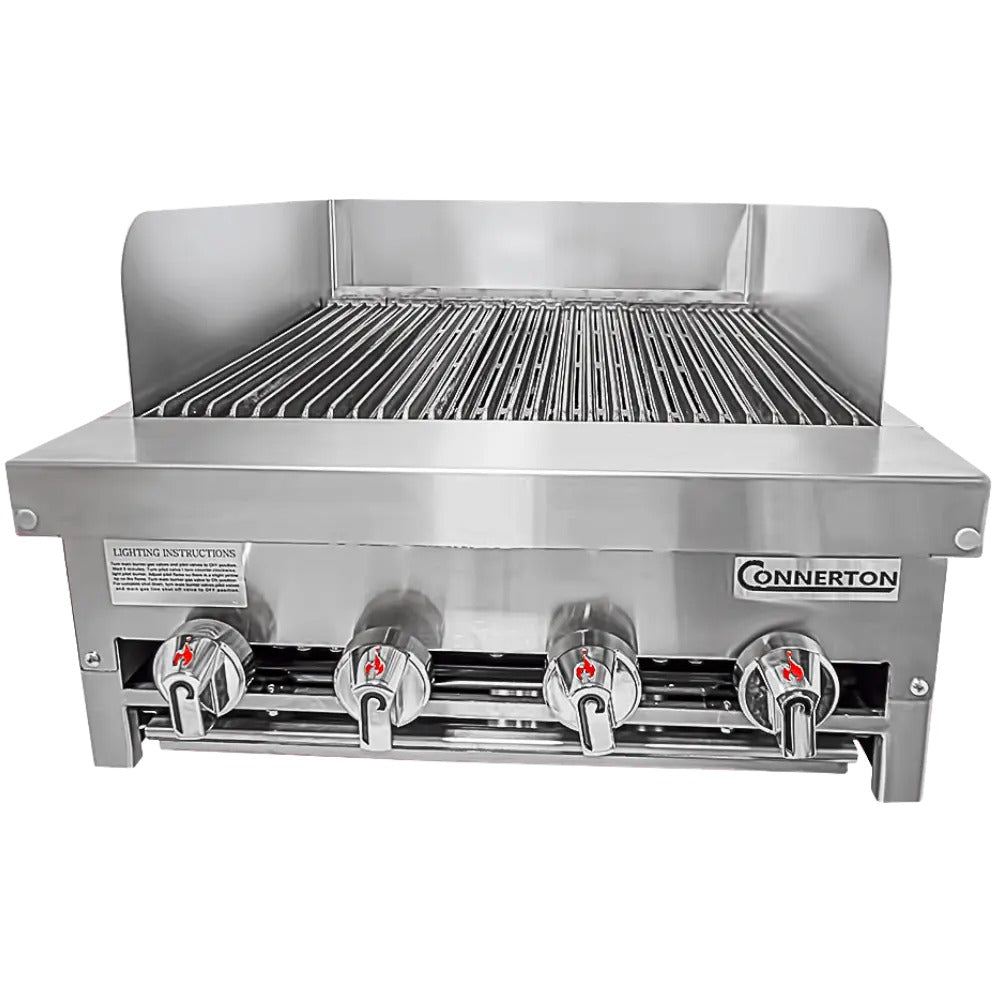 Connerton CRB-24 24 In. Countertop Gas Radiant Charbroiler, 4 Burners, 80,000 BTU, Cast Iron Grates, Welded #304 Stainless