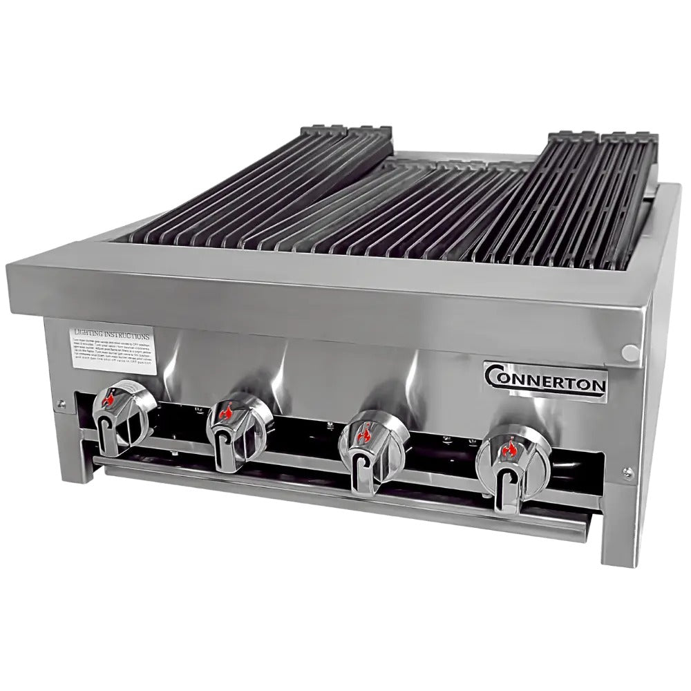 Connerton CRB-24 24 In. Countertop Gas Radiant Charbroiler, 4 Burners, 80,000 BTU, Cast Iron Grates, Welded #304 Stainless