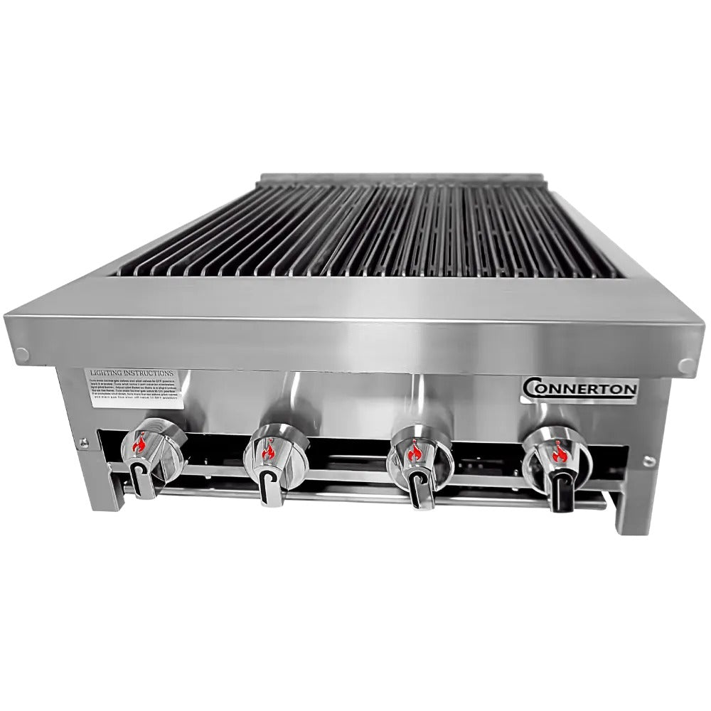 Connerton CRB-24 24 In. Countertop Gas Radiant Charbroiler, 4 Burners, 80,000 BTU, Cast Iron Grates, Welded #304 Stainless