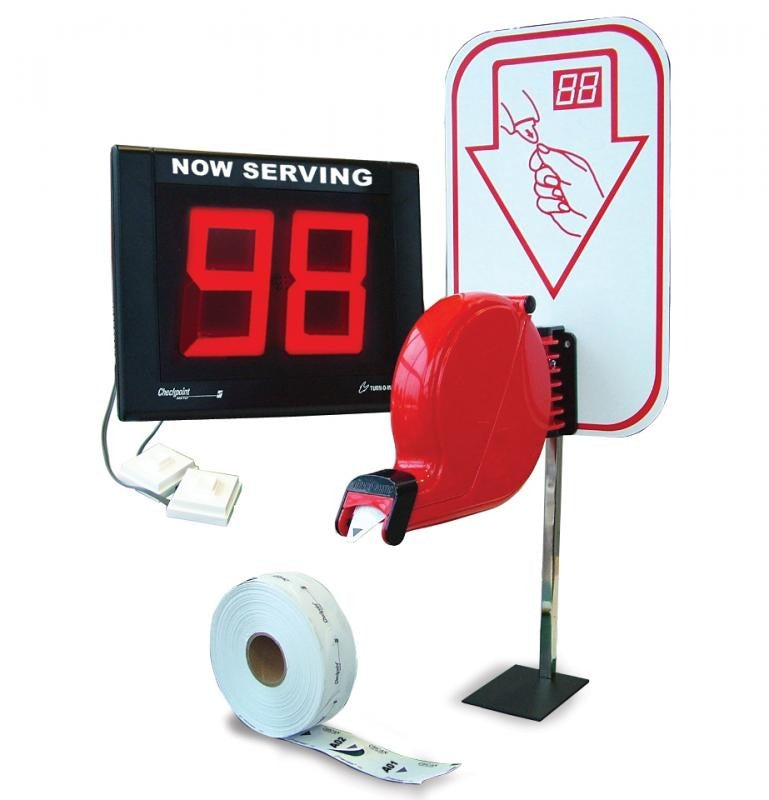 Omcan 10171 2-Digit Turn-O-Matic Take-a-Number System, Red LED Display, Ticket Dispenser, Counter Stand and Sign